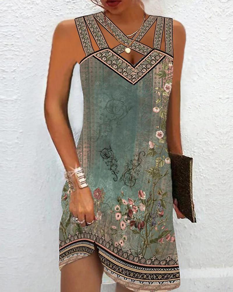 Floral Tribal Print Crisscross Sleeveless Casual Dress