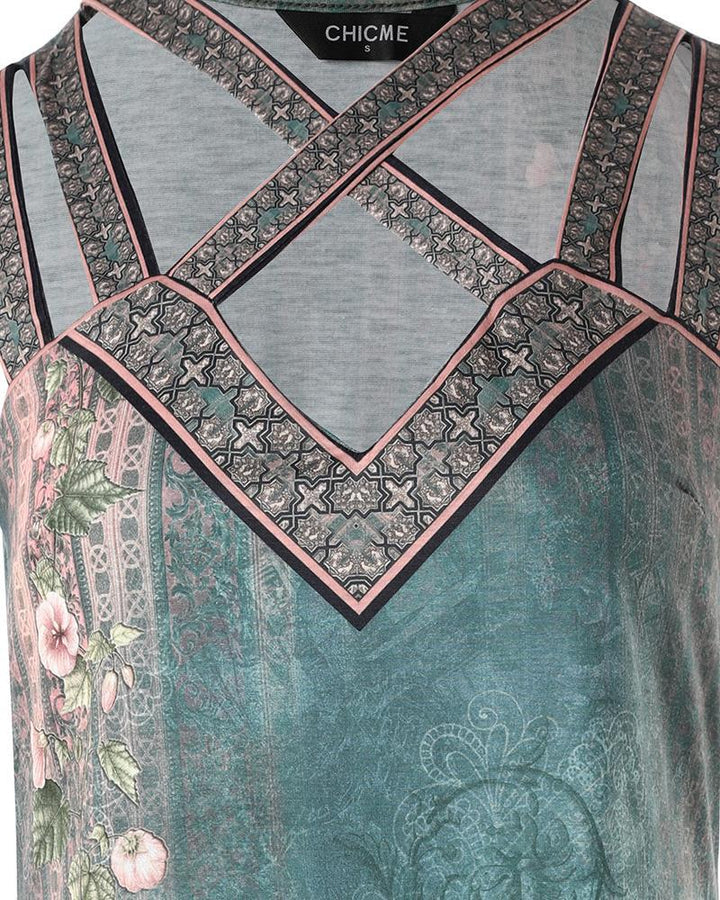 Floral Tribal Print Crisscross Sleeveless Casual Dress