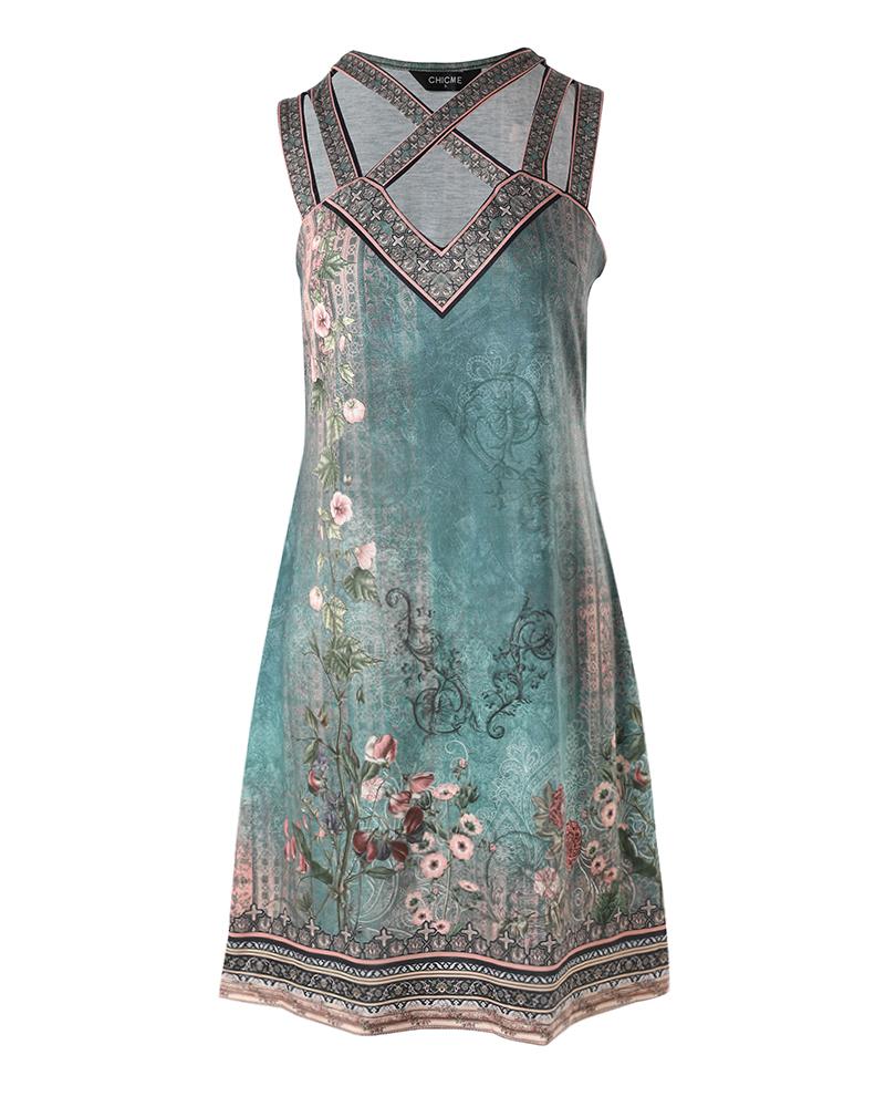 Floral Tribal Print Crisscross Sleeveless Casual Dress