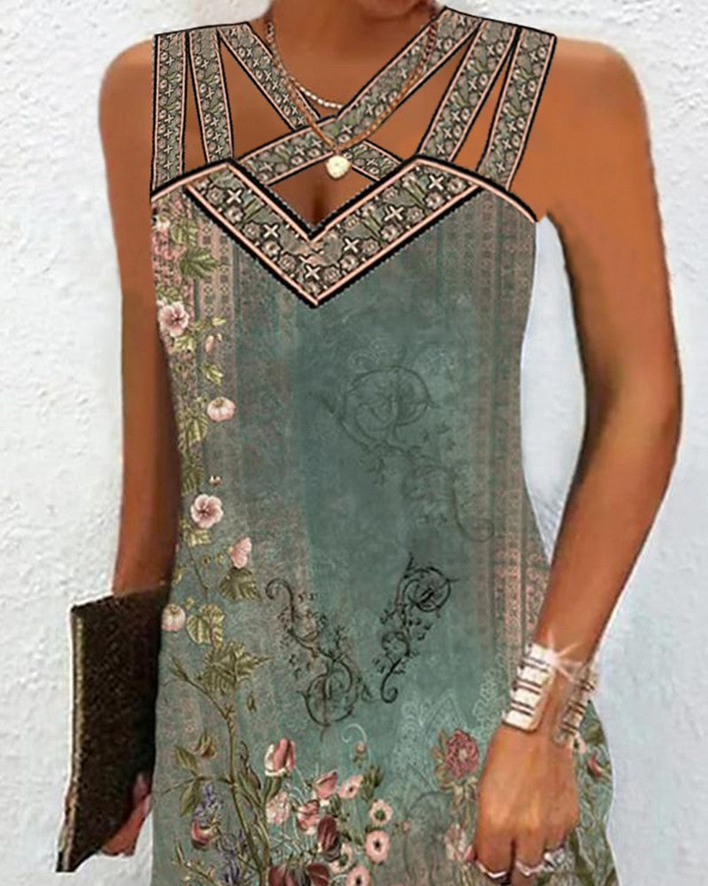 Floral Tribal Print Crisscross Sleeveless Casual Dress