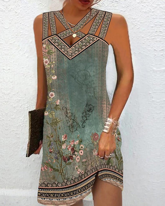 Floral Tribal Print Crisscross Sleeveless Casual Dress