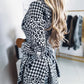 Houndstooth Leopard Print Notched Collar Work Dress