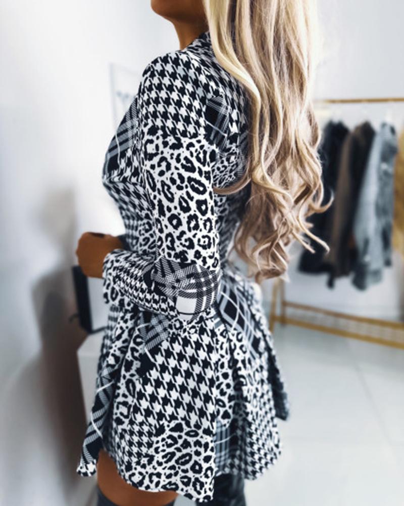Houndstooth Leopard Print Notched Collar Work Dress