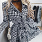 Houndstooth Leopard Print Notched Collar Work Dress