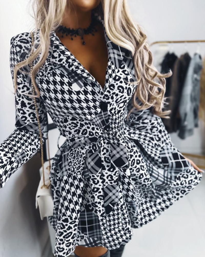 Houndstooth Leopard Print Notched Collar Work Dress