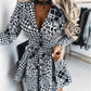 Houndstooth Leopard Print Notched Collar Work Dress