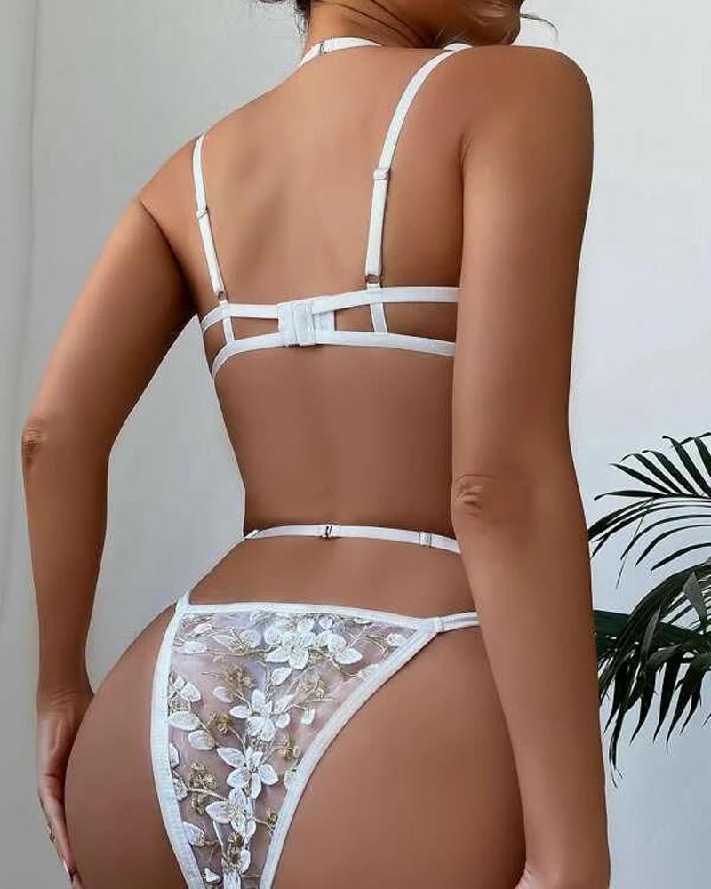 Chain Decor Embroidery Floral Lace Garter Teddy