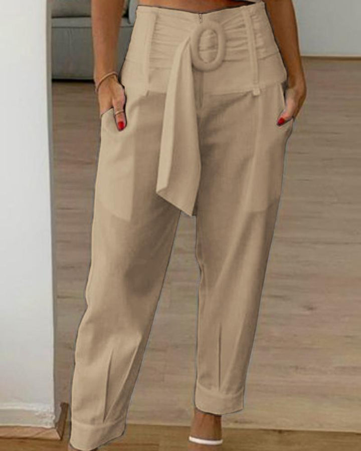 High Waist Belted Pocket Design Pants