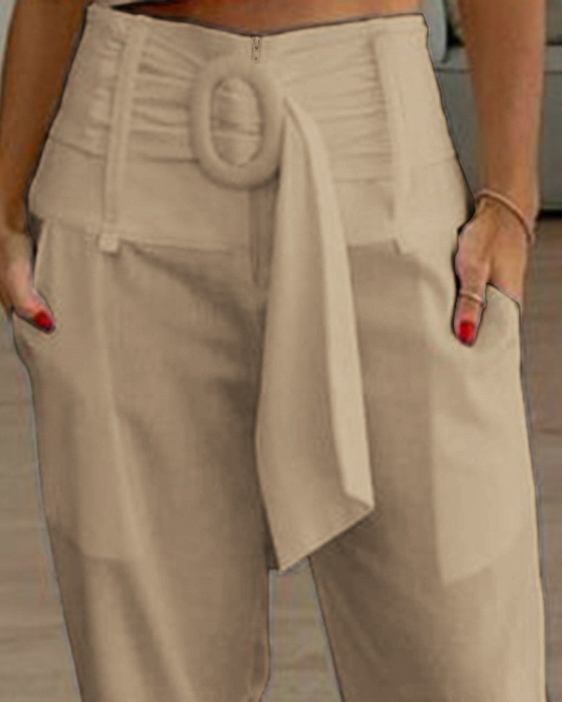High Waist Belted Pocket Design Pants