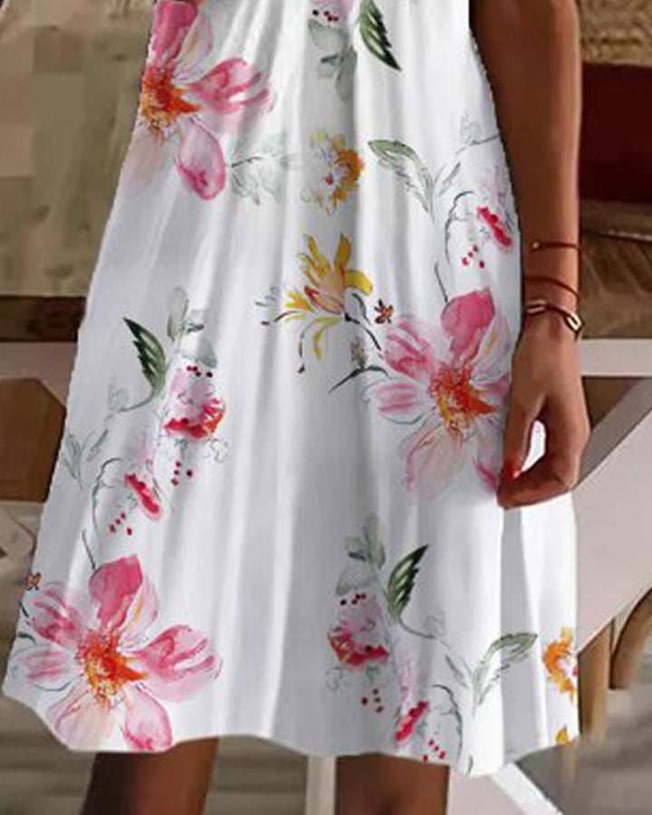 Floral Print Scallop Trim V Neck Casual Dress