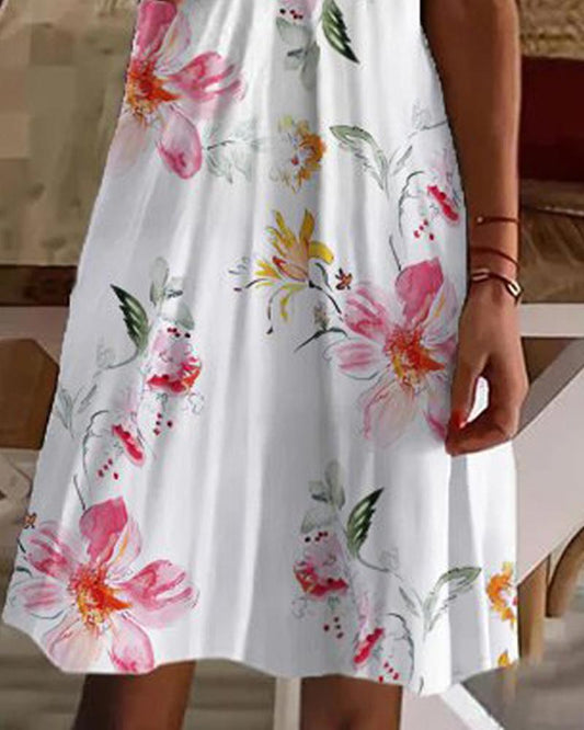 Floral Print Scallop Trim V Neck Casual Dress