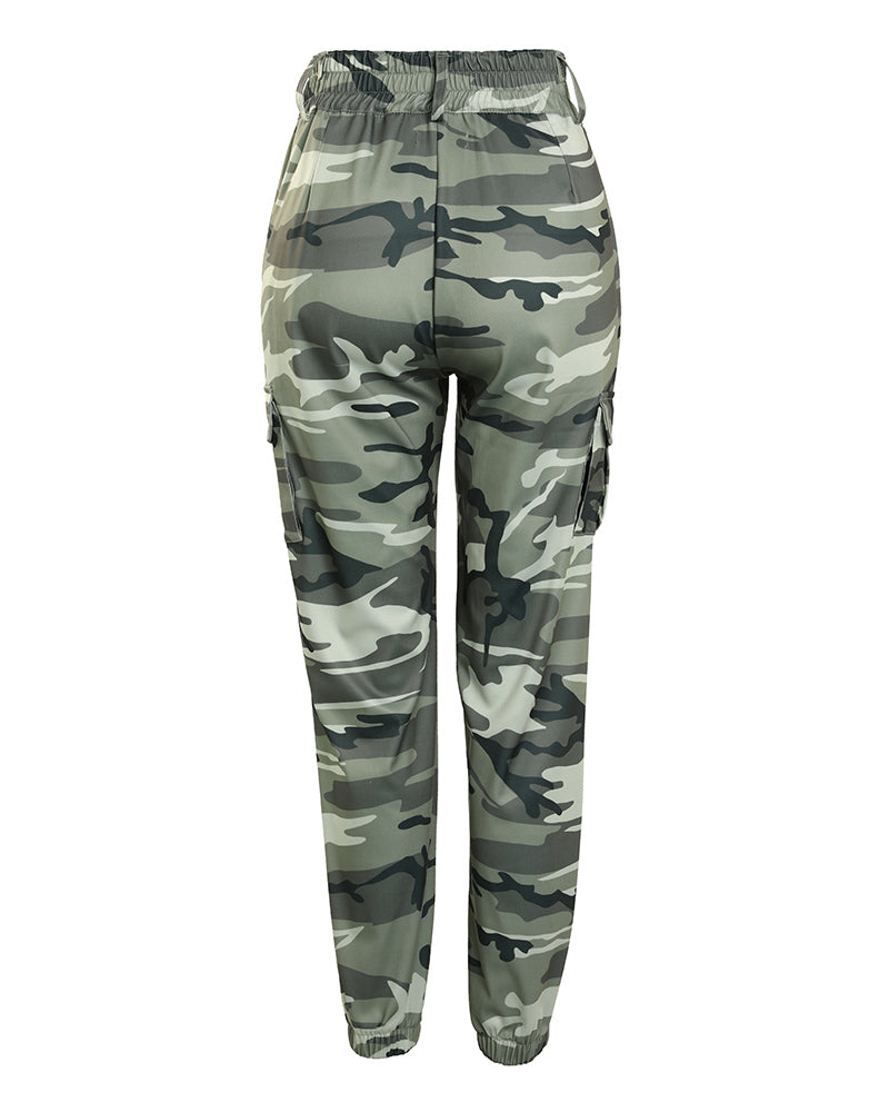Camouflage Print Drawstring Pocket Design Cargo Pants