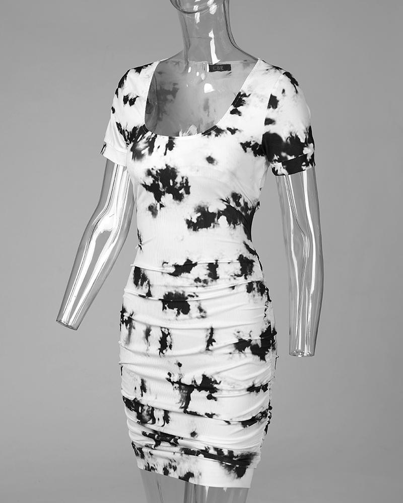 Tie Dye Print Cutout Back Ruched Bodycon Dress