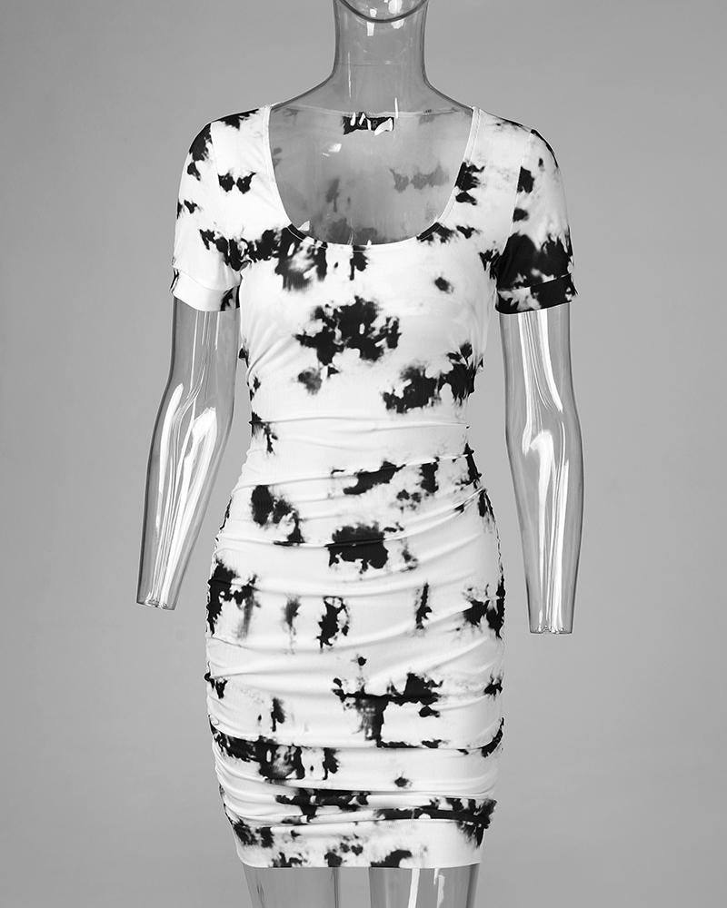 Tie Dye Print Cutout Back Ruched Bodycon Dress