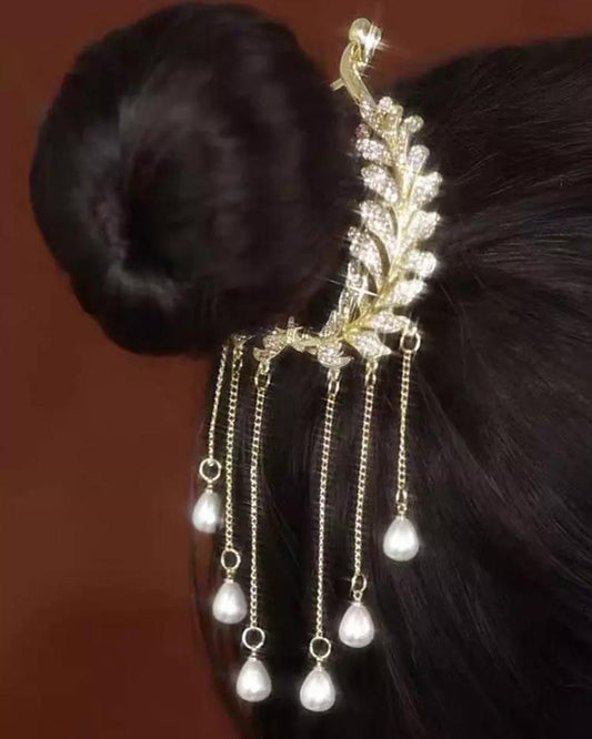 1pc Wheat Rhinestone Pearls Tassel Hair Clip