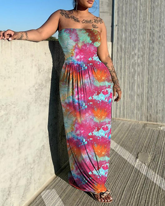 Bandeau Tie Dye Print Ruched Sleeveless Maxi Dress