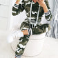 Camouflage Print Striped Hooded Sweatshirt & Sweatpants Set