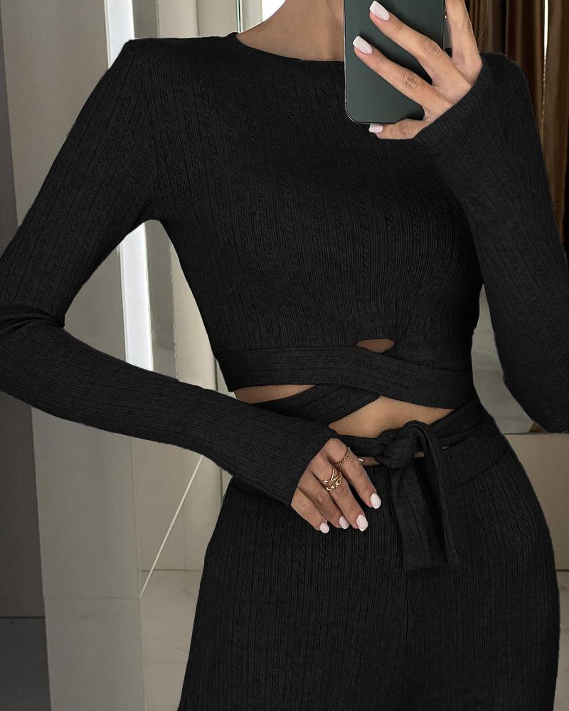 Tied Detail Ribbed Top & High Waist Pants Set