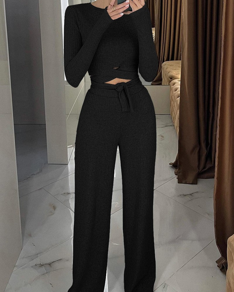 Tied Detail Ribbed Top & High Waist Pants Set