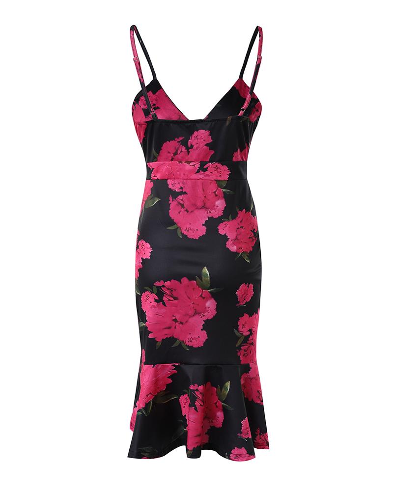 Floral Print Slit Ruffle Hem Cami Bodycon Dress