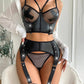 Contrast Fishnet PU Leather Garter Lingerie Set
