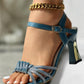 Rhinestone Decor Ankle Strap Chunky Heeled Sandals