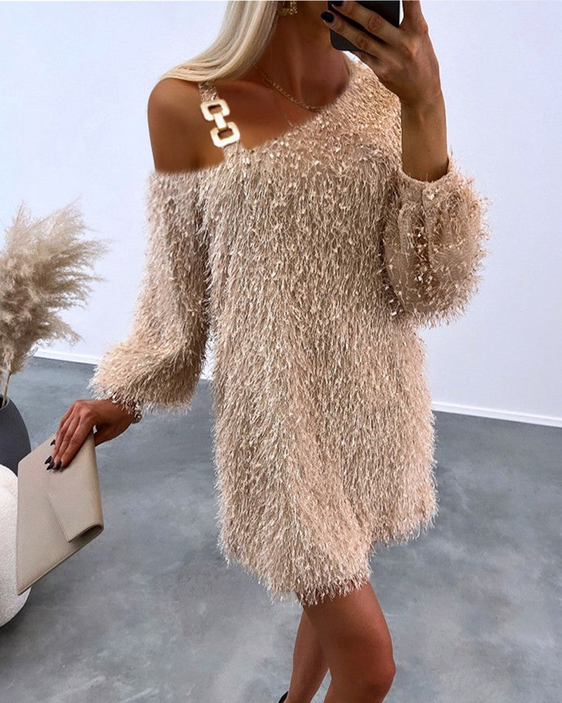 Fluffy Cold Shoulder Casual Dress