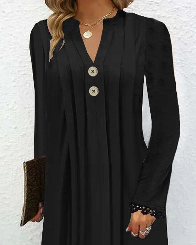 Notch Neck Buttoned Lace Trim Ruched Casual Dress