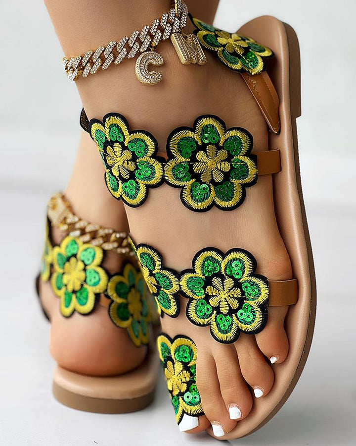 Floral Pattern Toe Ring Beach Sandals