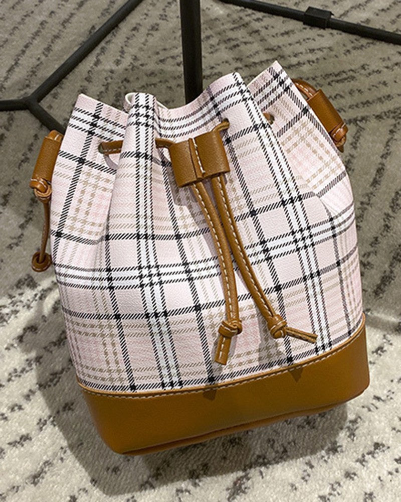 Plaid Print Drawstring Bucket Bag