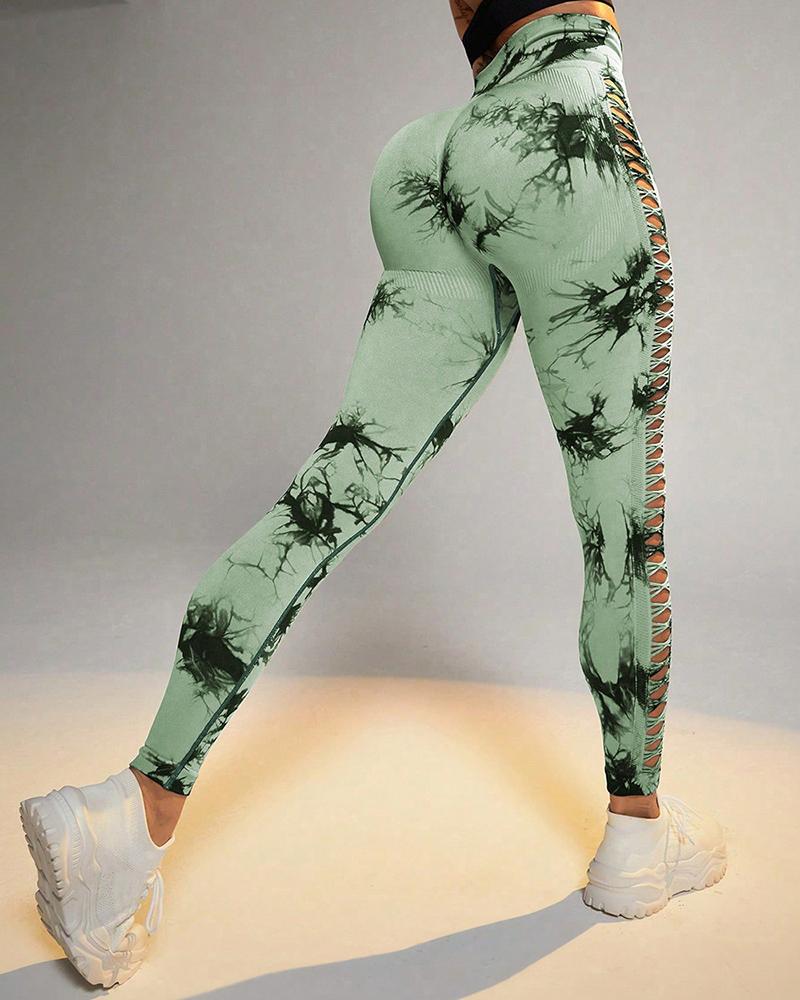 Tie Dye Print Ladder Cutout Sports Yoga Leggings
