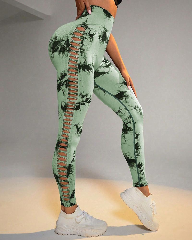 Tie Dye Print Ladder Cutout Sports Yoga Leggings