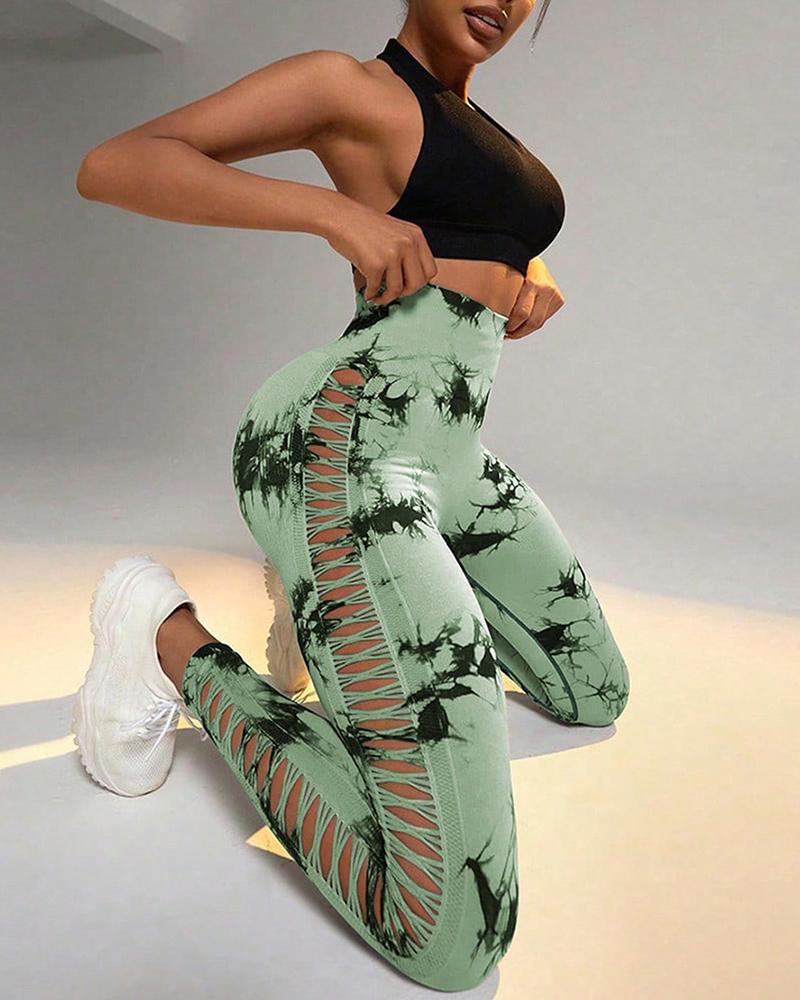 Tie Dye Print Ladder Cutout Sports Yoga Leggings