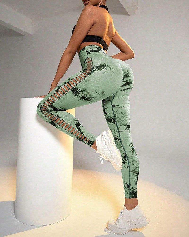 Tie Dye Print Ladder Cutout Sports Yoga Leggings