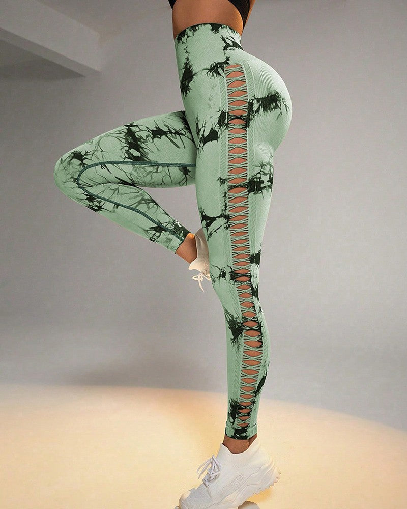 Tie Dye Print Ladder Cutout Sports Yoga Leggings