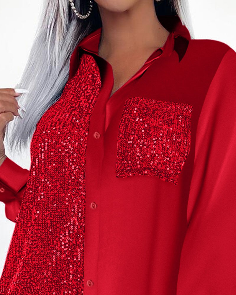 Contrast Sequin Pocket Design Shirt Dress