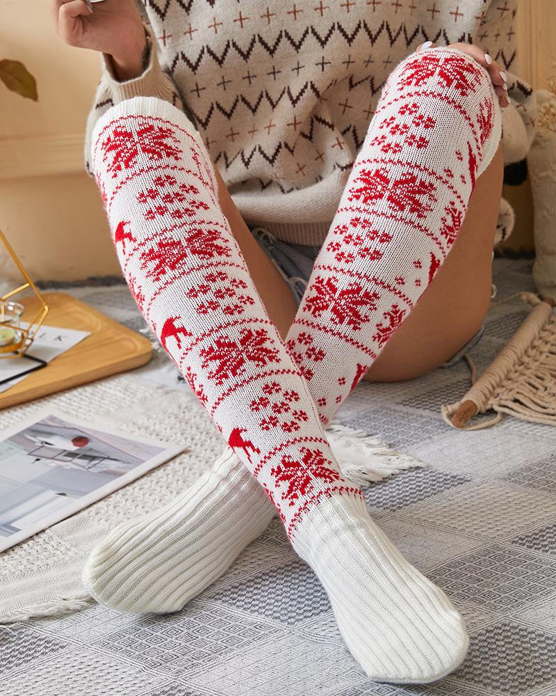 1Pair Christmas Knee High Snowflake Elk Print Knit Socks
