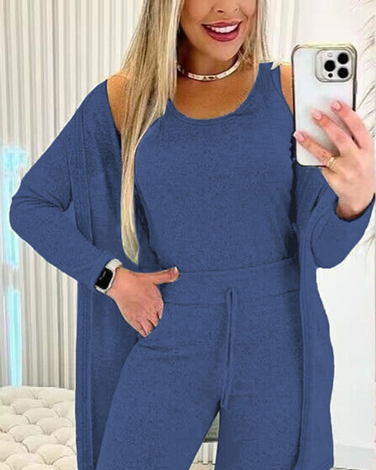 Round Neck Tank Top & Drawstring Pants Set With Coat