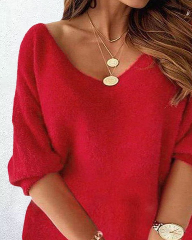 Plus Size V Neck Half Sleeve Fluffy Casual Dress