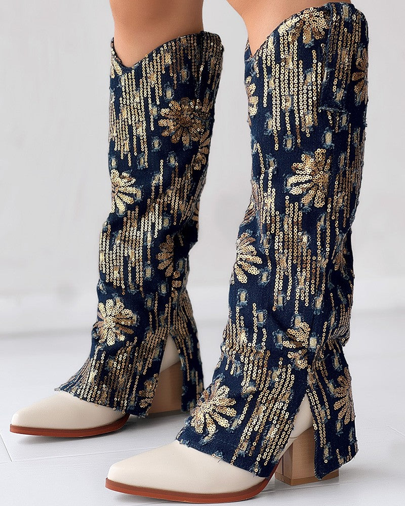Sequin Floral Pattern Slit Chunky Heel Denim Boots