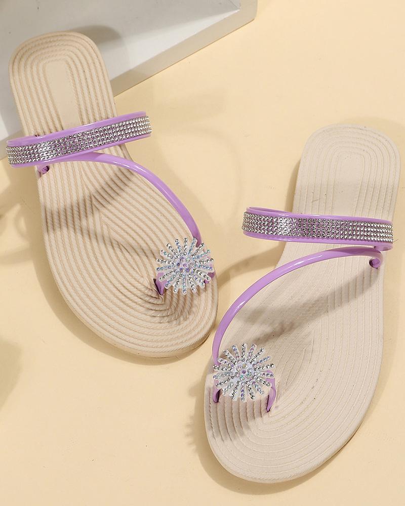 Rhinestone Floral Pattern Toe Ring Beach Flip Flops