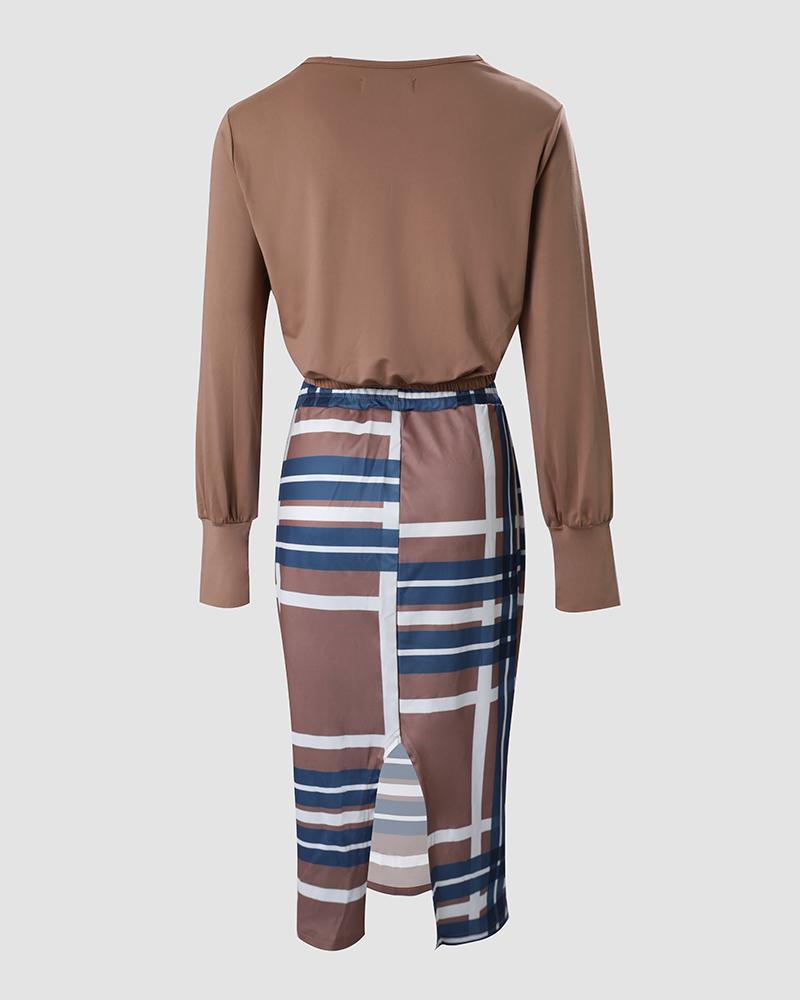 Long Sleeve Crop Top & Drawstring Plaid Skirt Set