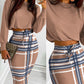 Long Sleeve Crop Top & Drawstring Plaid Skirt Set