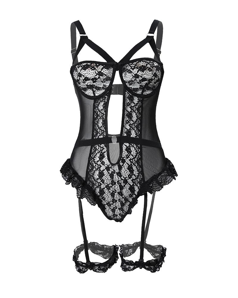 Cutout Backless Lace Garter Teddy With Leg Rings