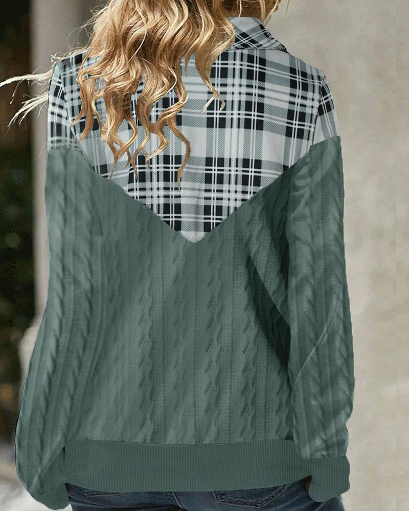 Plaid Print Cable Textured Hooded Sweatshirt