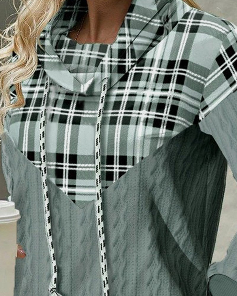 Plaid Print Cable Textured Hooded Sweatshirt