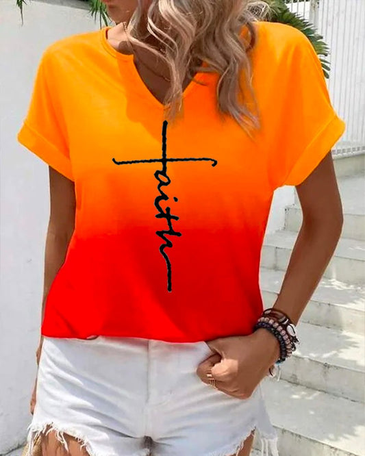Faith Print Ombre Notch Neck Casual T shirt