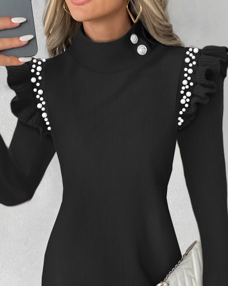 Flutter Sleeve Beaded Ribbed Casual Dress