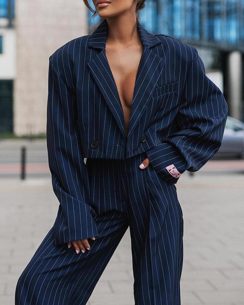 Striped Blazer Coat & Straight Leg Pants Set