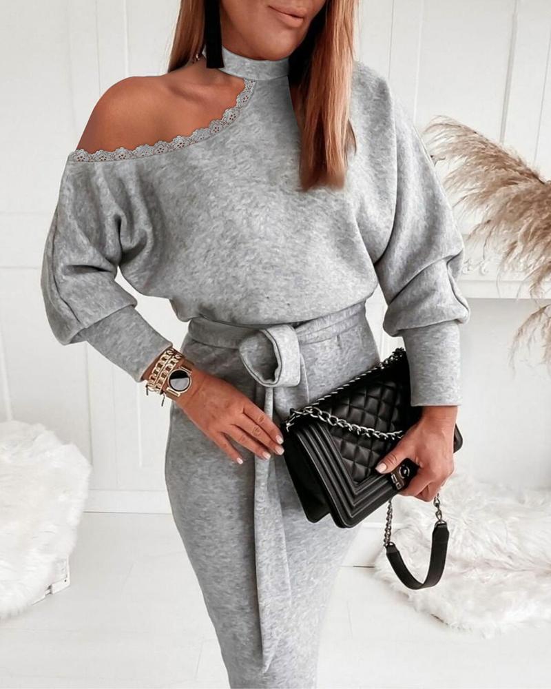 Lace Trim Cold Shoulder Belted Long Sleeve Dress